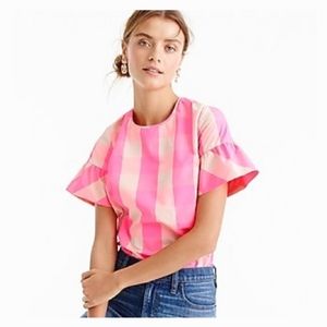 J Crew Ruffle Sleeve Top in Neon Buffalo Check